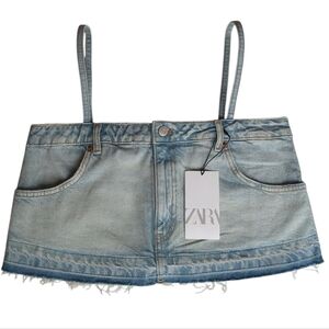 NWT Zara Distressed Denim Jean Skirt Effect Camisole Cropped Top MEDIUM Blue